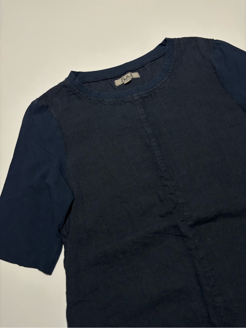 Flax Navy Blue Linen & Cotton Lagen Look Short Sleeve T-Shirt With Pockets